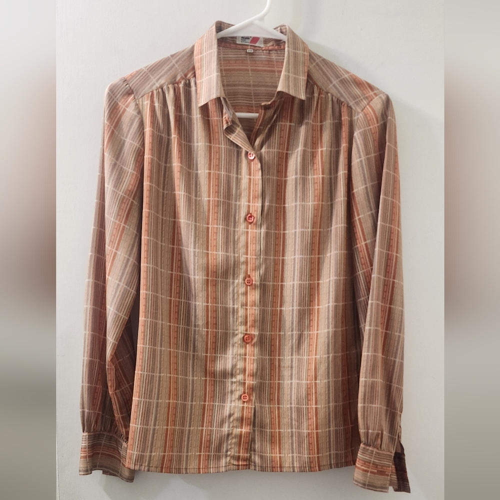 Rodier Paris‎ Women's Plaid Cream And Orange Shirt, Size 38.
